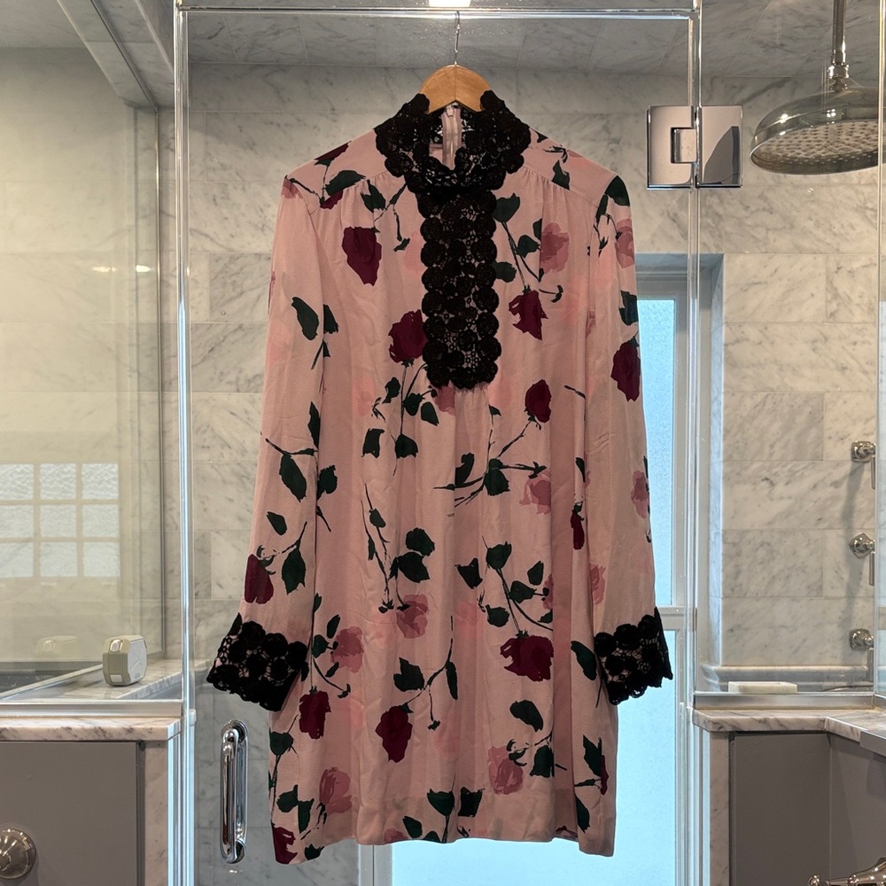 Kate Spade Pink Floral Lace-Trim Long Sleeve Dress - Size 14